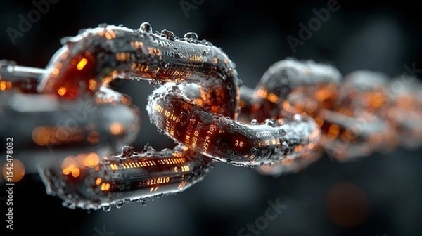 Obraz Close up of a digital chain link with binary code and water droplets on a dark blurry background