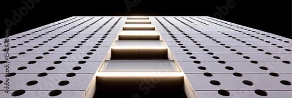 Fototapeta Low angle view of modern building facade with abstract pattern. Architectural design with glowing light streaks for contemporary concept.