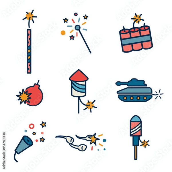 Fototapeta Fireworks and Independence Day with Icon Set