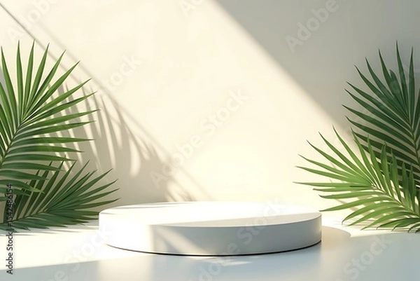 Obraz Floating matte-gray circular podium with five tropical palm leaves, pure creamy background, summer vibes