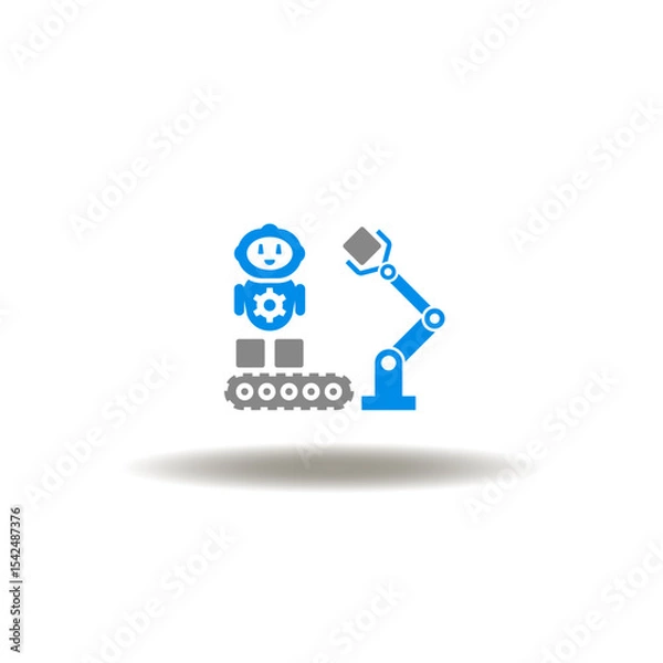 Fototapeta Vector illustration of robot (cyborg, drone) and conveyor line belt with products and robotic manipulator. Symbol of industrial automation process improvement. Icon of industry AI technology.