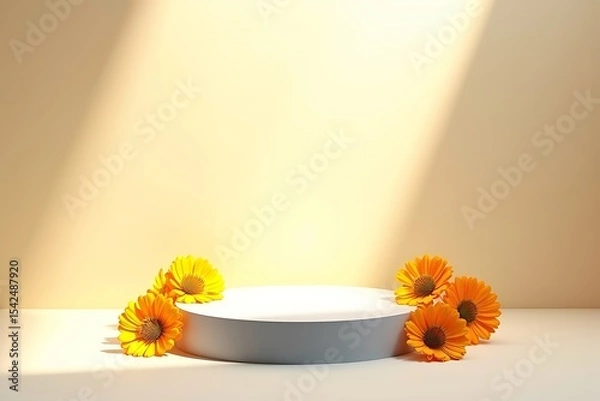 Obraz Gray circular podium encircled by five vivid marigold blossoms, pure creamy background, summer vibes podium