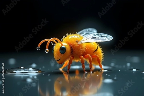 Obraz Close-up of a cute cartoonish bee made of glistening water droplets with delicate translucent wings
