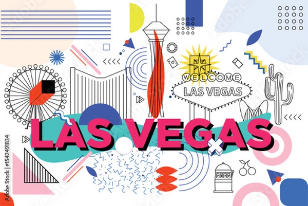 Obraz Las Vegas culture travel set, famous architectures, specialties in flat design. Business travel and tourism concept clipart. Image for presentation, banner, website, advert, flyer, roadmap, icons	