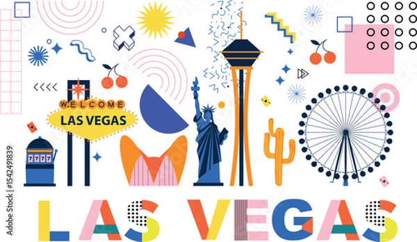 Obraz Las Vegas culture travel set, famous architectures, specialties in flat design. Business travel and tourism concept clipart. Image for presentation, banner, website, advert, flyer, roadmap, icons	