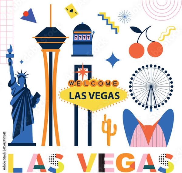 Obraz Las Vegas culture travel set, famous architectures, specialties in flat design. Business travel and tourism concept clipart. Image for presentation, banner, website, advert, flyer, roadmap, icons