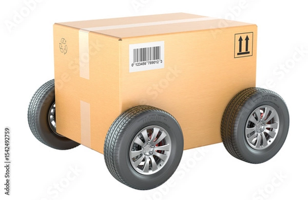 Obraz Cardboard shipping box with car wheels. Fast, mobile delivery, concept. 3D rendering isolated on transparent background