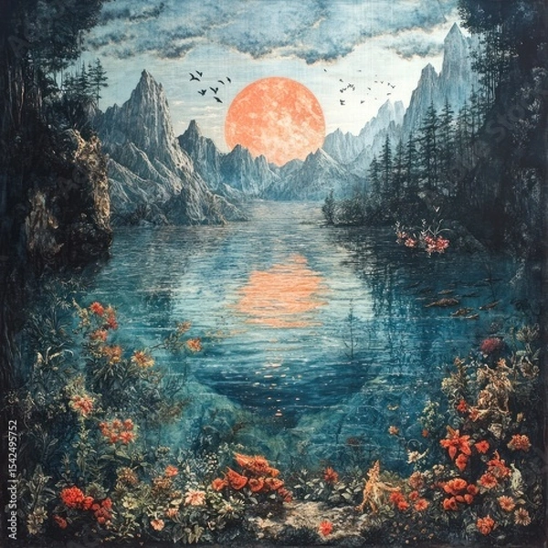 Obraz Mystical lake landscape with vibrant flora and fauna
