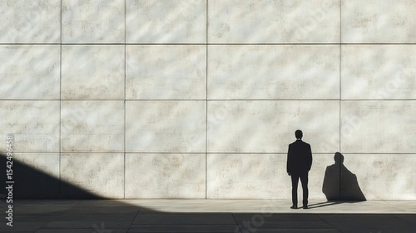 Obraz Businessman facing a light beige wall, casting a shadow
