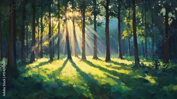 Obraz Sunlight streams through a lush forest