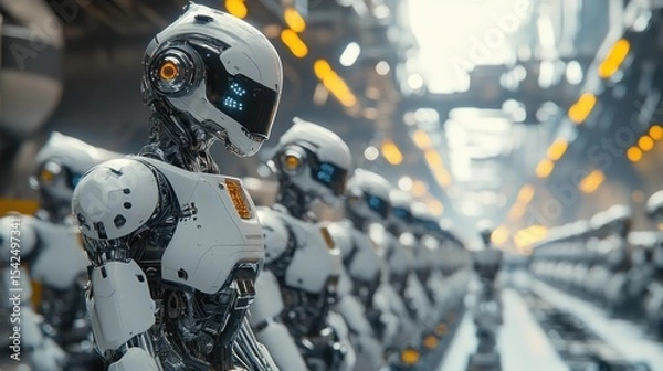 Obraz Futuristic robots in a factory setting