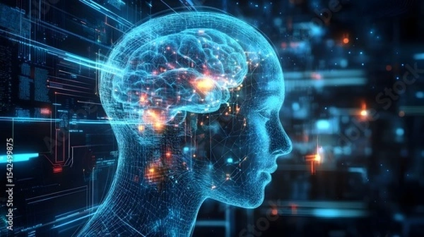Fototapeta Digital human head with glowing brain and abstract technology background view