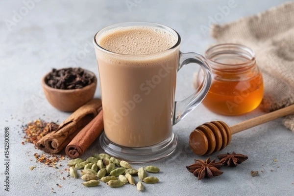 Fototapeta Top down view of masala tea in a glass cup alongside cooking ingredients cinnamon cardamom anise honey cloves and dried tea on a light backdrop Space for text