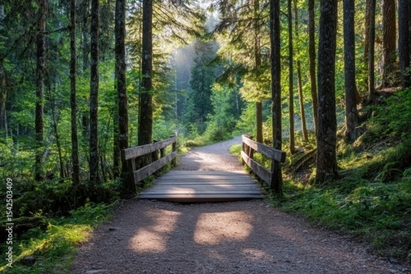 Fototapeta Light filtering through forest on walking trail