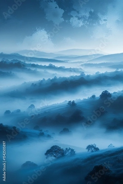 Fototapeta Misty blue mountains landscape with fog and rolling hills at dawn in a dreamlike atmosphere.