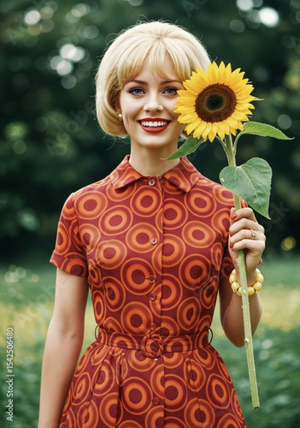 Obraz 1960s vibes, Blonde woman in a red circle-print dress, holding a sunflower, with an infectious smile. Mod style, summer joy
