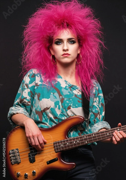 Obraz 1980s energy, Woman with neon pink hair and punk-rock look, playing bass with a determined expression. Bold and rebellious