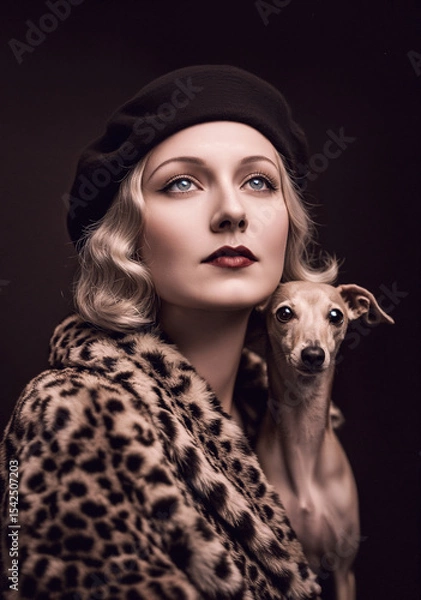 Obraz Retro elegance, Blonde woman in a beret and leopard print fur coat, with an Italian Greyhound. Old Hollywood atmosphere