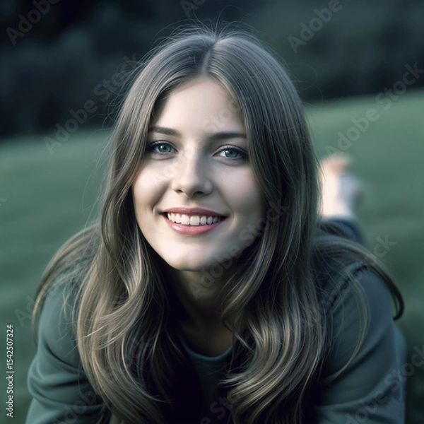 Obraz Smiling girl with long brown hair and blue eyes, lying on grass, genuine expression. Modern and natural style