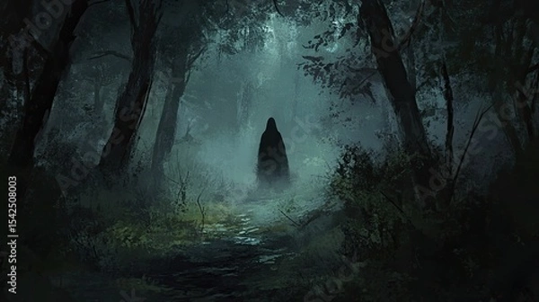 Obraz Silhouette of person standing on foggy forest path surrounded by tall trees. Dense mist creates eerie and mysterious atmosphere. Generative by AI