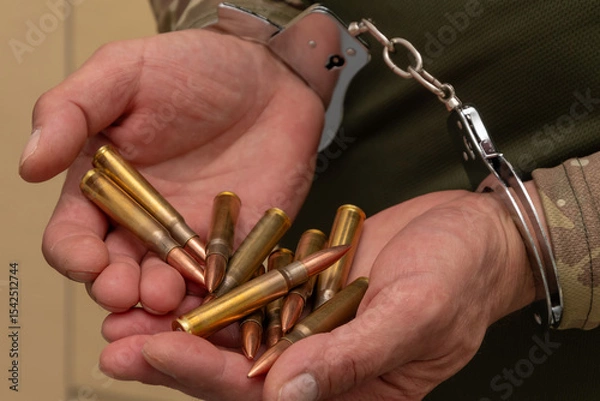 Obraz Handcuffed hands of a man in camouflage holding ammunition. The scene symbolises war crimes, illegal possession of ammunition.