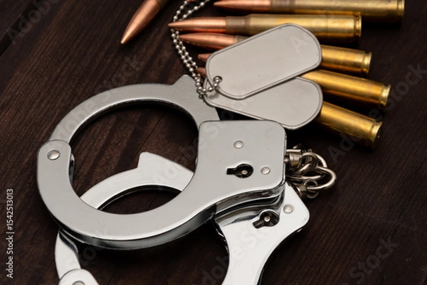 Obraz A close-up of shiny handcuffs, two army badges and several cartridges. The objects are lying against a background of aged wood,