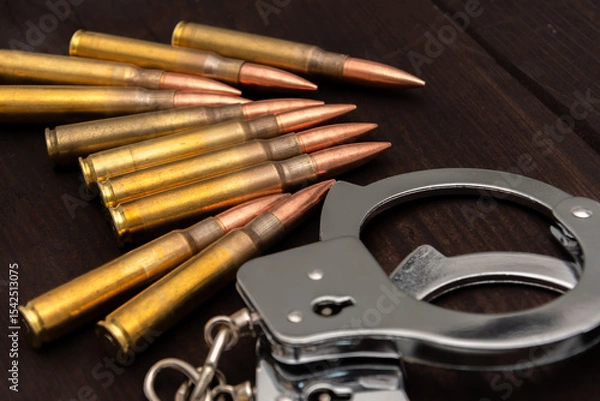 Obraz Metal handcuffs and a row of rifle cartridges lying on a dark wooden surface. The image symbolises the themes of crime, justice, danger and punishment.