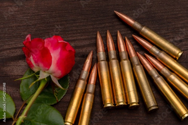 Obraz A close-up of a delicate red rose lying on a dark wooden background, next to live ammunition scattered on the surface. A contrast between beauty and violence, symbolising peace, war, love and danger.