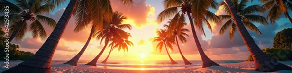 Obraz A serene tropical beach with palm trees silhouetted against a vibrant sunset over the ocean.