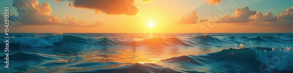 Obraz The sun sets over the horizon, casting a golden glow across the vast ocean, with gentle waves rolling in.