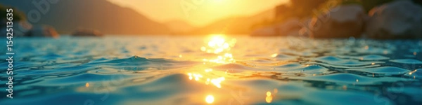 Obraz A serene sunset reflecting off tranquil water, with soft waves and a distant mountain landscape.