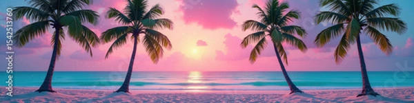 Obraz A serene tropical beach scene at sunset with palm trees, colorful sky, and calm ocean.