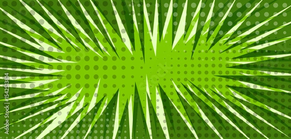 Fototapeta Abstract bright rainforest green halftone dotted retro comic background with dots and triangle stripes. Fresh grass nature pop art print for comics poster, banner or presentation design