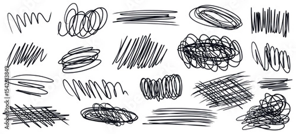 Fototapeta Doodle set of vector hand drawn black messy swirl lines, scribble strokes, squiggles, freehand curves for advertisement, mental struggling concept, chaotic way direction, strikethrough symbol