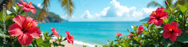 Obraz A serene beach with clear turquoise waters, lush greenery, and vibrant hibiscus flowers in the foreground.