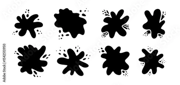 Fototapeta Doodle set of black vector ink splashes with oval drops. Isolated unique freehand liquid organic inky blots with spray spots for graphic design, social media stamps, shadows and templates