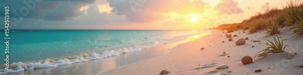 Obraz A tranquil beach scene with a vibrant sunset over turquoise waters, sandy shores, and gentle waves.