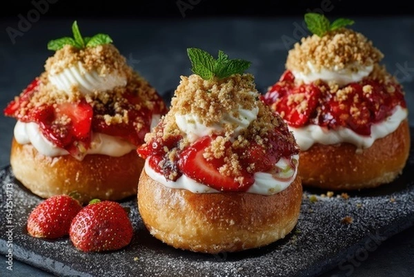 Obraz Brioche rolls topped with strawberries ricotta and vanilla crumble Summer berry dessert Overhead view
