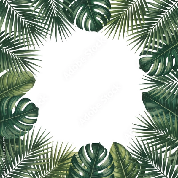Fototapeta A square border of lush green tropical palm fronds forming a natural frame with clean white center, isolated transparent background
