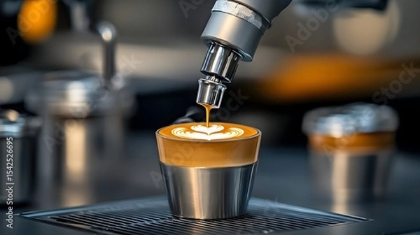 Fototapeta Robotic arm pouring latte art in cafe