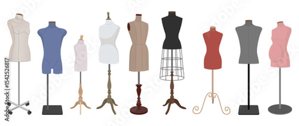 Fototapeta Collection of colorful tailor mannequins with various shapes and bases, including male, female, maternity, and child dress forms. Vector illustration on white background.