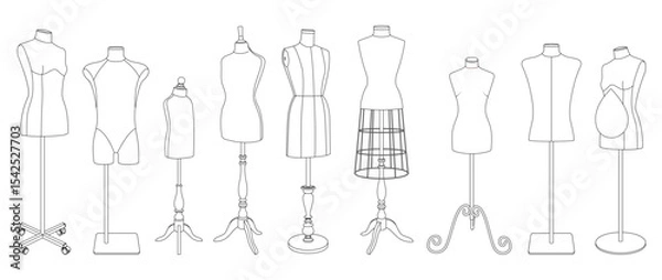 Fototapeta Vector illustration of five different dressmaker mannequins on various stands. Line art style. Isolated on white background. Horizontal orientation. Ideal for fashion or tailoring design.