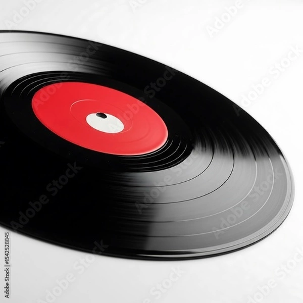 Fototapeta Vinyl record with a red label. The record is black and has a glossy sheen, resting on a white surface.