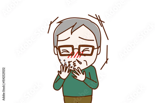 Fototapeta （上半身正面）風邪をひいて激しいくしゃみと鼻水がでる高齢の男性