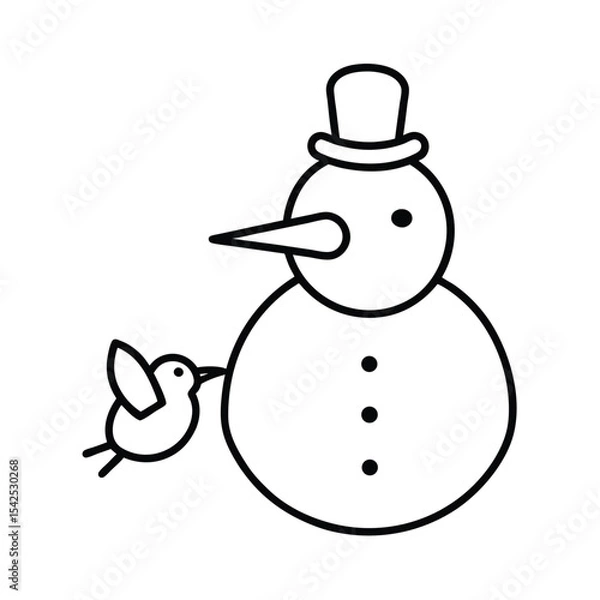 Fototapeta Charming winter illustration of a snowman with a small bird perched on its carrot nose