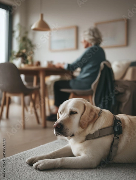 Obraz  impaired person sitting at a table with a guide dog lying close
