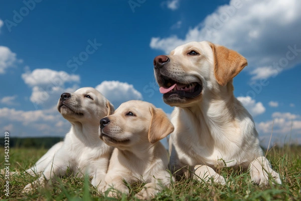 Obraz two golden retriever puppies with mom