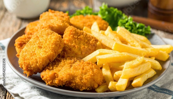 Obraz Crispy golden nuggets served with fluffy golden fries create delightful comfort food experience that is both satisfying and delicious. Perfect for any meal