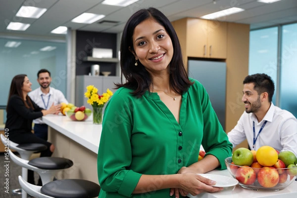 Fototapeta Woman smiling during healthy break in office kitchen, standing by counter with fresh fruit and coffee with colleagues in background, promoting employee wellness