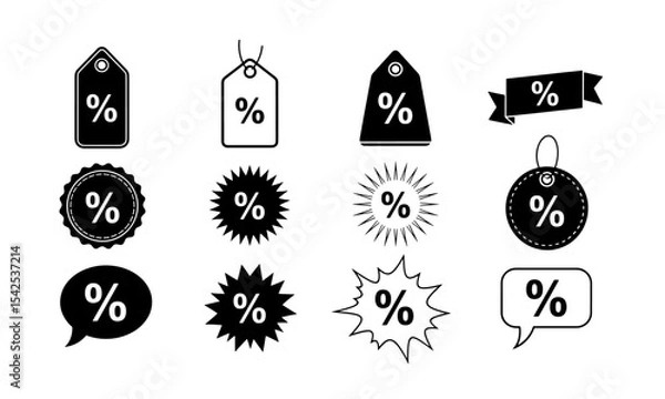 Fototapeta Black and White Percentage Signs: Discount, Sale, and Promotion Icons. A versatile set of black and white percentage icons for sales, discounts, and promotions.